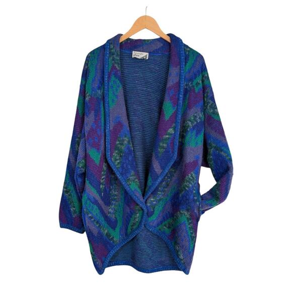 Vintage Cardigan Sweater Oversized 12 Blue Green Purple 80s 90s Grandpa Mohair - Picture 1 of 14